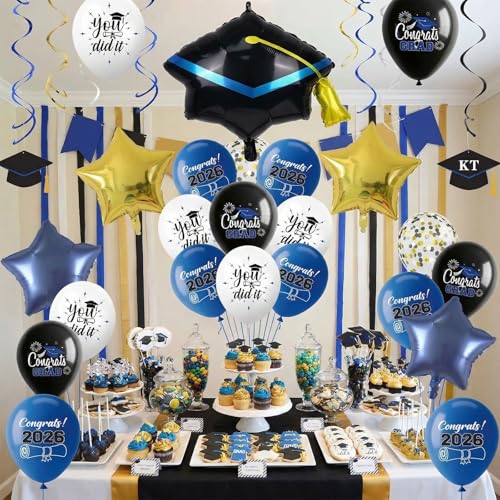 Image of Graduation Balloons for Class of 2026 Decorations Royal Blue Black Gold Silver Confetti Latex Balloons Helium Graduation Hat Balloon Metallic Blue Gold Star Foil College Grad Party Decor Supplies