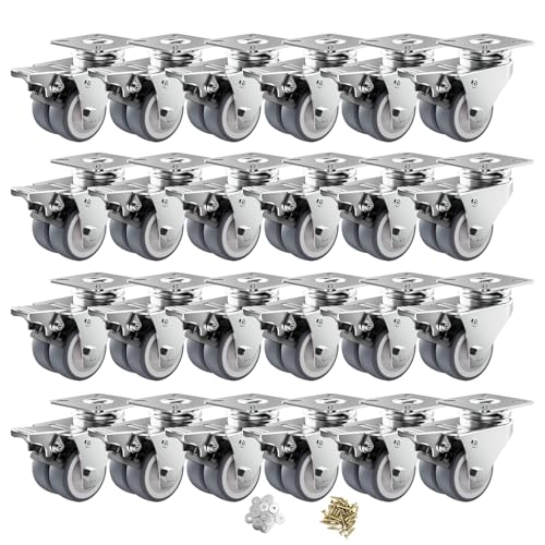 Image of Caster Wheels, 2inch Casters Set of 24 Heavy Duty, Two-Wheeled Grey TPR Casters with Brake, Double-Wheeled Swivel Plate Locking Castor Wheels Widely Used in All Kinds of Furniture.(24 Pack)