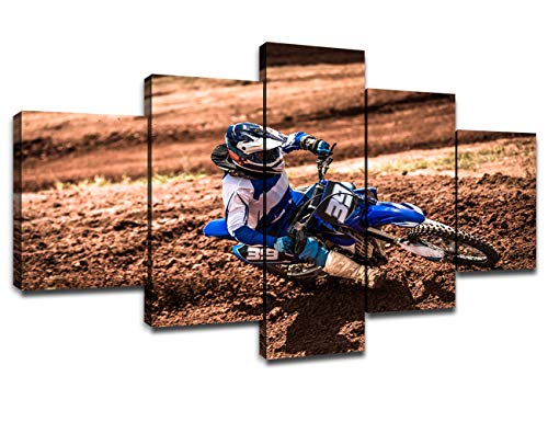 Dirt Bike Posters Frame Wall Decor for Living Room Painting 5 Piece Canvas Prints Motocross Rider Wall Art Picture Modern Decoration for Bedroom Ready to Hang(60''Wx32''H)
