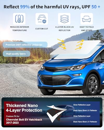 Sun Shade for Chevy Bolt 240T Reflective Windshield Cover Custom Fit 2017-2024 2025 Chevrolet Chevy Bolt EV LT, Premier Hatchback Accessories Sun Visor Front Window UV Rays Blocker