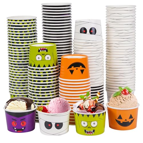 200 Stück Halloween 237 ml Eisbecher Einweg-Eisschalen Kürbisschalen Snackbecher Schalen Pappbecher für Lebensmittel, Suppe, heiße und kalte Getränke, Dessertbedarf, 4 Stile (Halloween)