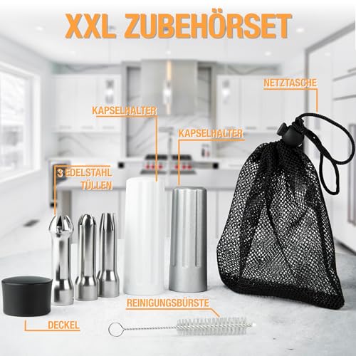 Foto von Thiru Sahnespender inkl.Toolbox - Note sehr gut - 100 Tage testen - Sahnesyphon mit eBook & 3 Edelstahl Tüllen - Sahnesyphon für Schlagsahne, Espuma & warme Speisen (Schneeweiß)