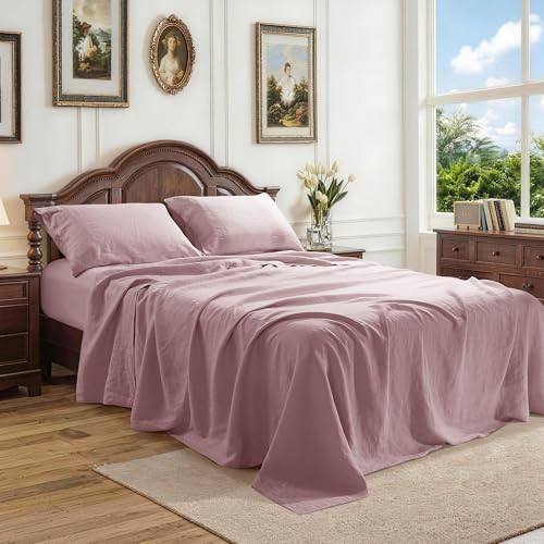 Image of 100% Pure Linen Sheet Set for Hot Sleepers, Breathable Natural Linen Sheets 4pcs, Bedding Set Deep Pocket Up to 16 inch Moisture-Wicking, Softens with Every Wash (Embroidery Purple Queen)