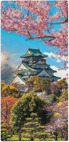 フェイスタオル 富士山 大阪城と満開の桜 タオル 35X73cm 長め 大きめ ハンドタオル サンゴフリース生地 耐久性 ふわふわ ソフト 柔らか肌触り 肌に優しい やわらか 軽い 薄手 乾きやすい 抗菌防臭 家庭用、温泉、砂浜、スポーツなどにも最適 部屋