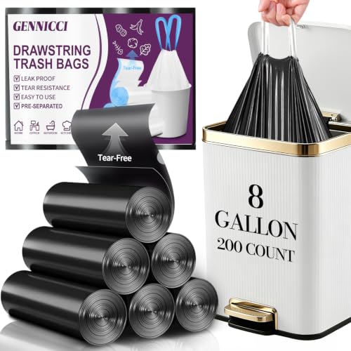 Image of 200 Count Small Drawstring Trash Bags, 8 Gallon (30L) Pre-separated Garbage Bags, Extra Thick Leak-proof Mini Wastebasket Liners for Bathroom, Office, Bedroom (Black)