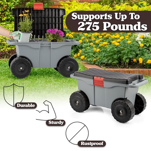 Image of Pure Garden Rolling Garden Cart with Seat - Plastic Storage with Bench and Interior Tool Tray - Gardening Stool for Weeding and Planting (Gray)