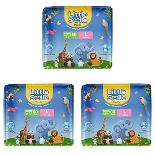 Image of Baby Diapers Pant Style | Large (L) Size | Ideal for 9-14 Kgs Baby | 60 Count- Odorless and Antibacterial Layer with Urine Indicator (Pack of 3)