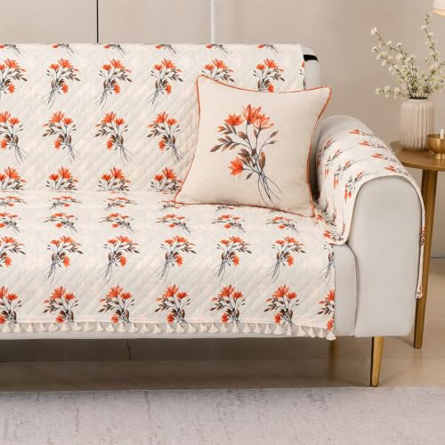 HOKIPO 3 Seater Sofa Cover Mat with Pockets & Tassels, Quilted So...