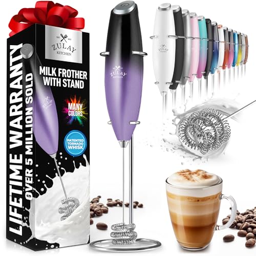 Image of Zulay Powerful Milk Frother for Coffee with Upgraded Titanium Motor - Handheld Electric Whisk, Milk Foamer, Mini Mixer & Coffee Blender for Frappe, Latte, Matcha, No Stand - Purple & Black