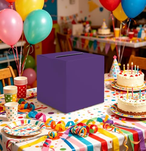 Image of SietDESEO Purple Card Box for Graduation Large Gift Card Box Holder 9.8 inch x 9.8 inch Money Cards Box Diy Card Box for Wedding Reception Baby Shower Birthday Cards Box Holder