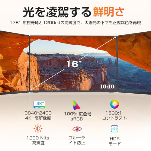 undefined UPERFECT モバイルモニター 4k 16インチ 1200nit 高輝度 ポータブルモニター 3840x2400UHD 黄金比16:10 モバイルディスプレイ 非光沢 IPSパネル サブモニター 薄型 VESA対応 ノングレア スピーカー内蔵 マグネット保護カバー付き USB Type-C mini HDMI 端末 PS4/5/Switch/XBOX/PC/Macなど対応 商務会議 在宅勤務 の商品画像 3