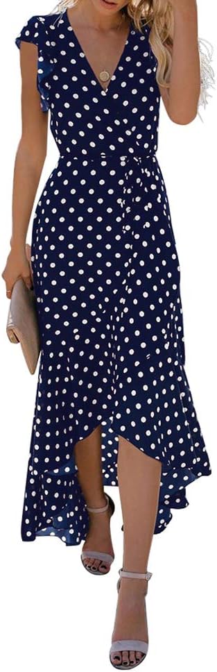 Womens Summer Maxi Dress Boho Floral Cocktail Midi Polka Dot Wrap Dresses V Neck Casual Party Bohemian Flowy Long Dress for Ladies