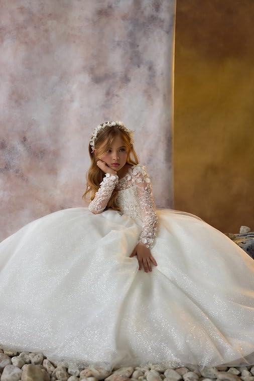 Girls Lace Applique Flower Girl Dresses with Sleeve Wedding Dress Puffy Tulle Pageant Gown WT033
