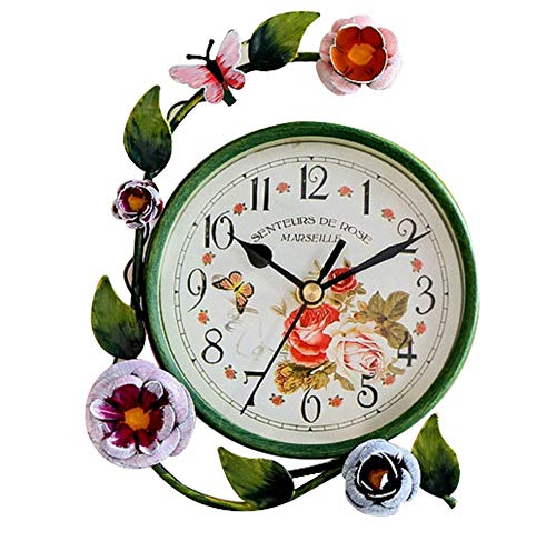 S.W.H Moda Jardín Verde Rústico Oval Reloj de Escritorio Retro Flores Reloj de Mesa Digital Mariposa Hierro Decoración para el hogar