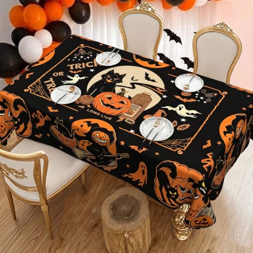 Halloween Decor Tablecloth 60''x84'' Rectangular Black Cat, Moon & Pumpkin - image 1