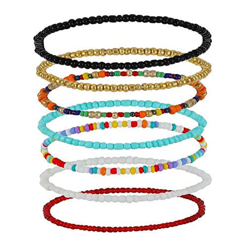 Pugest Beaded Anklets For Womens Girls - Rainbow Handmade Seed Bead Bracelet, Boho Style Beach Bracelet For Friends, Girlfriends, Mothers, Colleagues, Sisters (7 Pieces) #TOP7