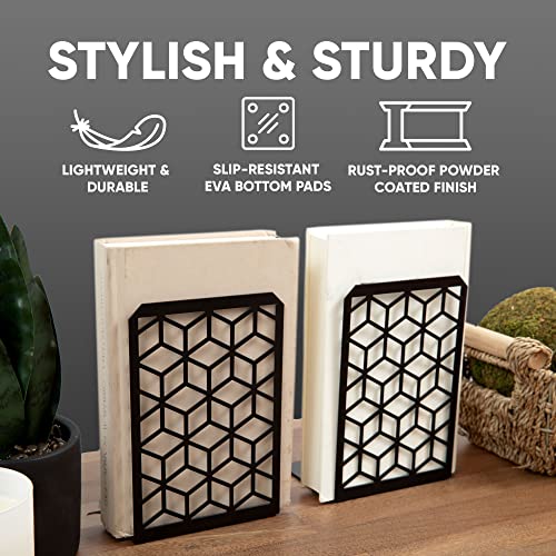 Image of Geomod 3D Cube Black Metal Bookends Decorative for Heavy Books - Sturdy Boho Book Stops - Minimal Book Shelf Stopper - Durable Office Bookends - Weighted Metal Book Holders - 7x4.75 Inches - 1 Pair