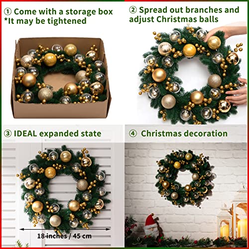 Lohasbee Artificial Christmas Wreath, 18" Ball Wreath With Golden Ornaments Berries, Grapevine Pine Branch For Front Door Winter Xmas Home Hanging Wall Party Celebration Decor #TOP5