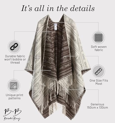 Brook + Bay Winter Poncho - Shawl Wrap & Womens Poncho Sweater w/Tassels - Cardigan Poncho - Travel Cape Poncho for Women3