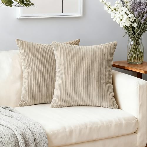 Velvaria Pack of 2 Corduroy Cushion Covers 50x50cm Khaki - Soft Decorative Square Throw Pillow Covers for Sofa Couch Bed Chair Home Textiles