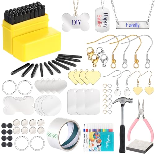 RoundFunny 214 Pcs Jewelry Making Kit for Women Metal Stamping Kit for Jewelry Making Tools Beads and Charms O Chain Findings for Women Men Adults