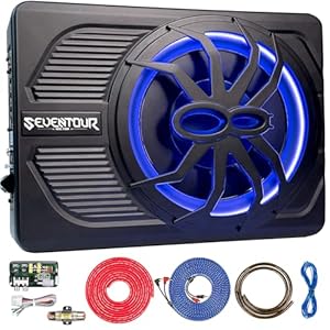 10″ Upgrade 800W Slim Under Seat Powered Car Subwoofer, Car/Truck Audio Sub Built in Amplifier amp Combo Package, with Blue LED Light (Subwoofer+Installation Wire Kit)