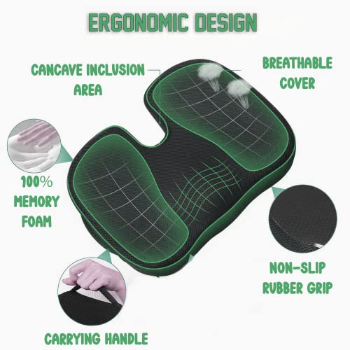Coccyx Seat Cushion With Ergonomic Design And Memory Foam. Lower Back Sciatica And Tailbone Pain Relief. Car Seat Cushion With Breathable Mesh And Premium Comfort While Driving, Gaming And Office. #TOP2