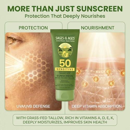 Image of Grass-Fed Tallow Mineral Sunscreen SPF 50 - No White Cast, Non-Nano Zinc Oxide, Reef Safe UVA /UVB, Water Resistant 80 Min, Moisturizing & Soothing with Aloe Vera, Face & Body