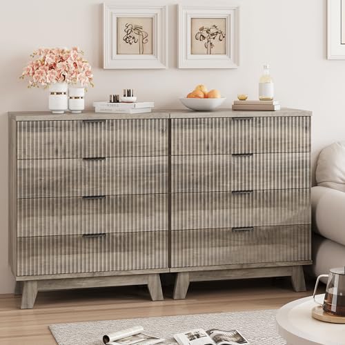Image of Xixini Fluted Nightstand, 31.5 inch Wide Side Table with 4 Large Storage Drawers, Mid Century Modern Wood Night Stand with Metal Handle, Wooden Bedside End Table for Bedroom, Grey