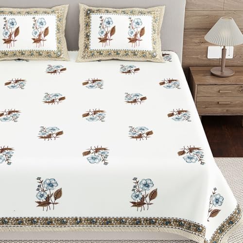 Image of Living Roots Ethnic Jaipur Block Print Double Cotton Bedsheet & 2 Pillow Covers, for Mattress Upto 6 inches Thick, No Colour Bleeding, Mustard Colour, King Size 90 * 108 inches, 120TC (613-C)