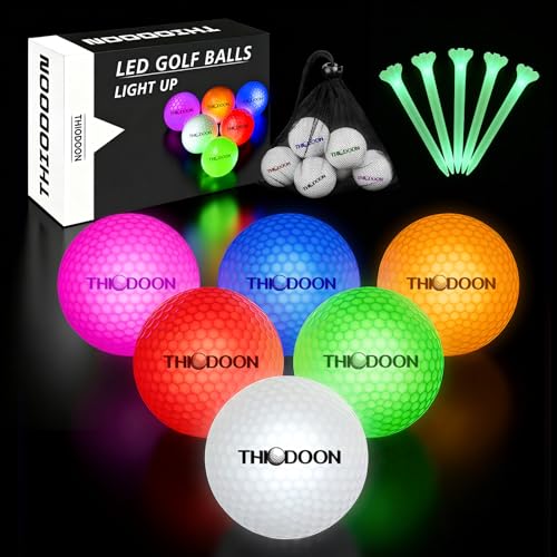 THIODOON Glow in The Dark Golf Balls Light up Led Golf Balls Night Golf Gift Sets for Men Kids Women 6 Pack (6 Colors in one with Glow Golf Tees and Storage Bag) for On-Course & Backyard Use