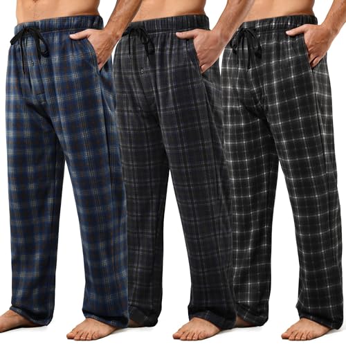 Wenouy 3 Pack Mens Pajama Pants Microfleece Plaid Pajama Bottoms Sleepwear PJ Sleep & Lounge Pants with Pockets & Drawstring Medium, Gray, Gray, Navy Blue Buffalo Plaid Set