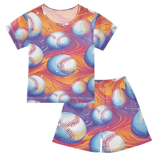 ALAZA Cute Baseball Abstract Stylish Pajamas Set Short Sleeve Cotton Sleepwear Summer Pjs 2 Piece 5-14Y