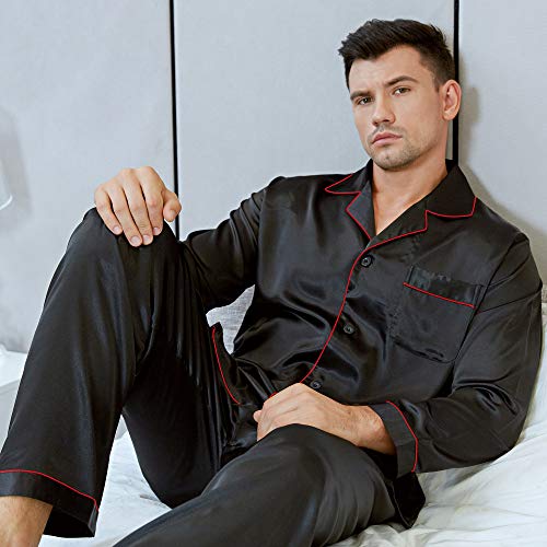 Image of Lonxu Pajamas Set Mens Silk Satin Pajamas Long Sleeve Loungewear Two-Piece Sleepwear Button-Down Pj Set S-XXXXL