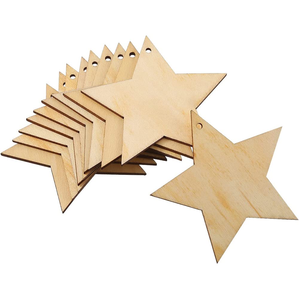 20 Pieces Natural Wooden Star Shape Wooden Star Wood Pieces Wooden Ornament, Wood Log Slices for House Garden Home DIY Art Craft Christmas Tree Party Decoration - Image 4