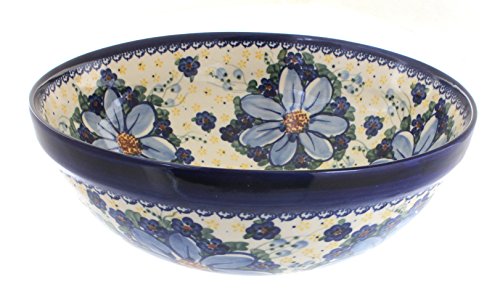 Blue Rose Polish Pottery - Blue Daisy Surprise Medium Serving Bowl - 11" Diameter - Beautiful Serving Bowl for Special Occasions, Dinner Parties, Or Everyday Dining