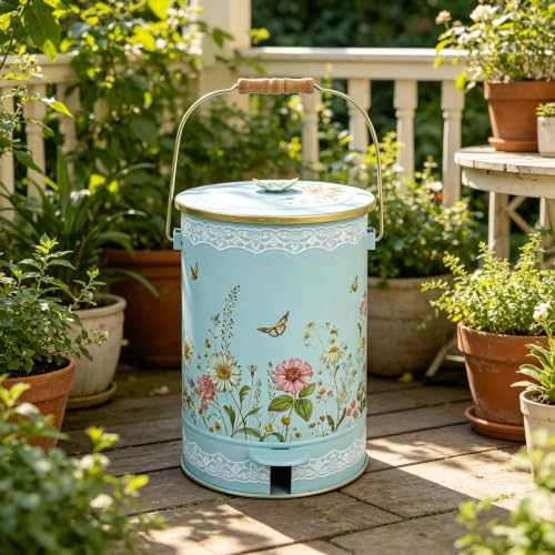 Image of White Floral Metal Step Trash Can with Lid, 8L Vintage Butterfly & Wildflower Decorative Waste Basket with Handles for Bathroom, Bedroom, Kitchen, 14.57 inch x 9.84 inch