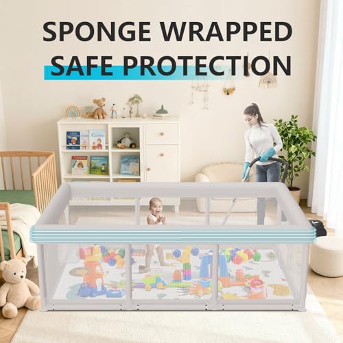 Image of Hiaksedt Baby Playpen 74x50 in PlayPen for Babies and Toddlers, Large Play Yards for Indoor & Outdoor with Zipper Gates, Breathable Mesh with Mat