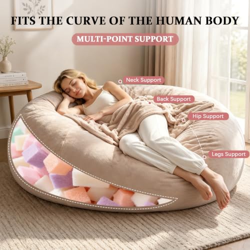 Image of 6FT,jumbo bean bag chair for adults,bean bag with filler included,Comfortable and soft flannel cover, removable and washable, oversized bean bag, suitable for living room and bedroom.(Apricot, 6 Foot)