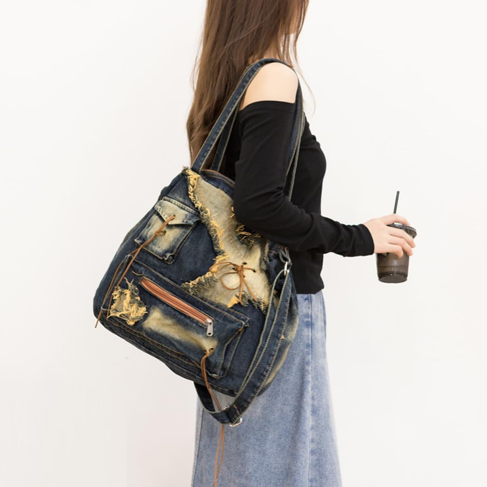 Vintage Women Shoulder Bag Large Female Crossbody Bags Distressed Denim Tote Handbag