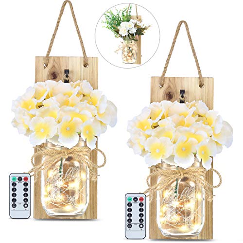 GLAMOURIC 2 Pack Mason Jar Sconces with 20 LEDs Fairy String Lights, Wrought