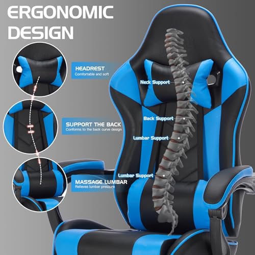 Image of Gaming Desk Chair for Adults, Ergonomic Gaming Chair (Black+Blue) | with Footrest Headrest and Lumbar Support, Leather Material Height Adjustable computer Video Game Chairs