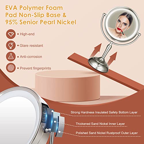 Mirrormore 8.5" Large Vanity Mirror With 40 Eye-Care Dimmable Led Lights, 1X/10X Magnifying Lighted Makeup Mirror With 3 Colors, Senior Pearl Nickel 360° Rotation Desk Mirror, 2 Power Saving Supply #TOP4