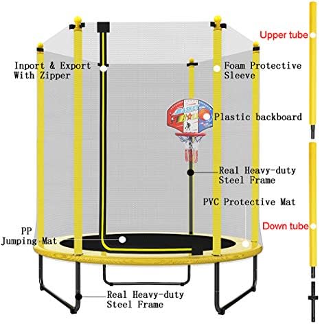 LANGXUN Yellow Diameter 150 cm * High 160 cm Indoor/Outdoor Trampoline for Children Birthday Gift with Plastic Basketball Frame