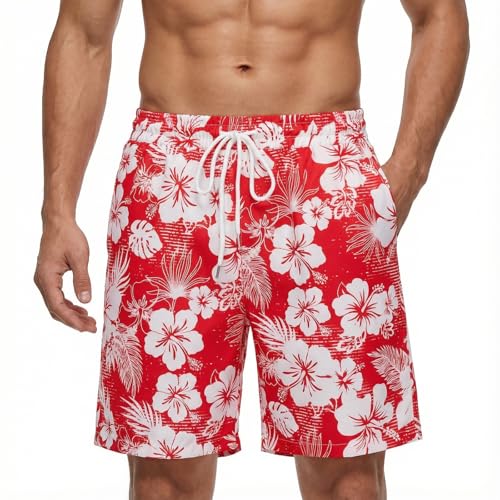 Fastkoala Hommes Hawaïen Shorts Tropique Plage Pantalons Floral Casual été Vacances Coton Cordon à Tirage Poche Rouge M