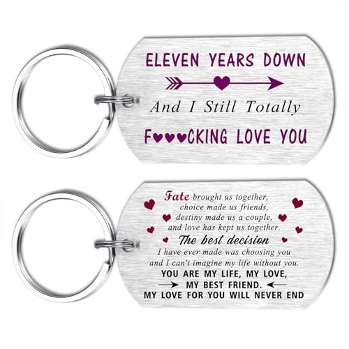 Mataly 11th Wedding Anniversary Steel Gifts for Him Husband - 11 Years Down I Still Love You, Gifts for Mens Anniversary Double-side Engraved Keychain