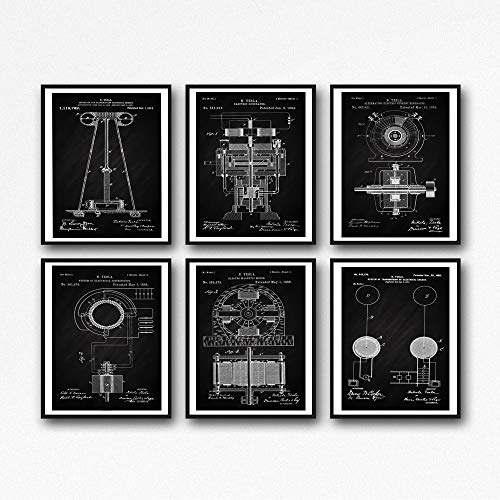 Wallbuddy - Tesla Posters Patent Prints Engineering Patent Wall Art Set of 6 Tesla Invention Posters Science Posters Patents Posters WB028 (20cm x 25cm, Chalkboard Black)