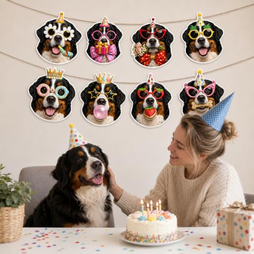 Image of Bernese Mountain Dog Birthday Banner, Berne Dog Party Decorations Garland | 8 Unique Berner Faces, Easy to Hang