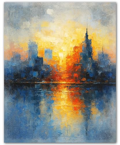 ZUKIY Blue Horizon City Reflections - Abstract Blue and White Wall Art Print for Living Room or Office - Large Style-Inspired Artwork - Unframed 8x10 Modern Decor Poster