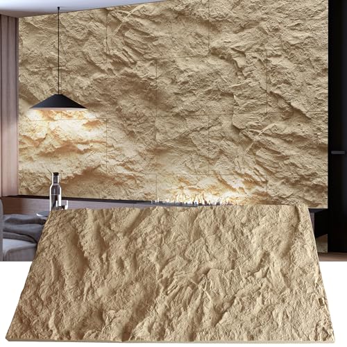 KASARO 3D Faux Stone Wall Panels, 4 PCS PU Wainscoting Panel for Interior Wall Decor, Cement Texture Thicker Accent for Home, Office, 43.3 × 23.6 inch, Golden Hemp